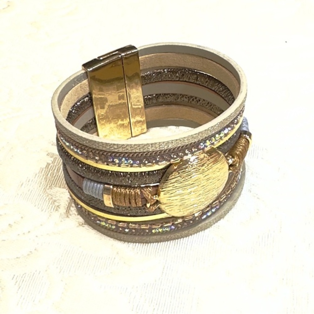 Gold and Tan Bohemian Cuff Bracelet with Layered Straps